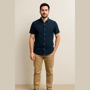 Zara Man Navy Blue Polka Dot Slim Fit Button Down Shirt Large